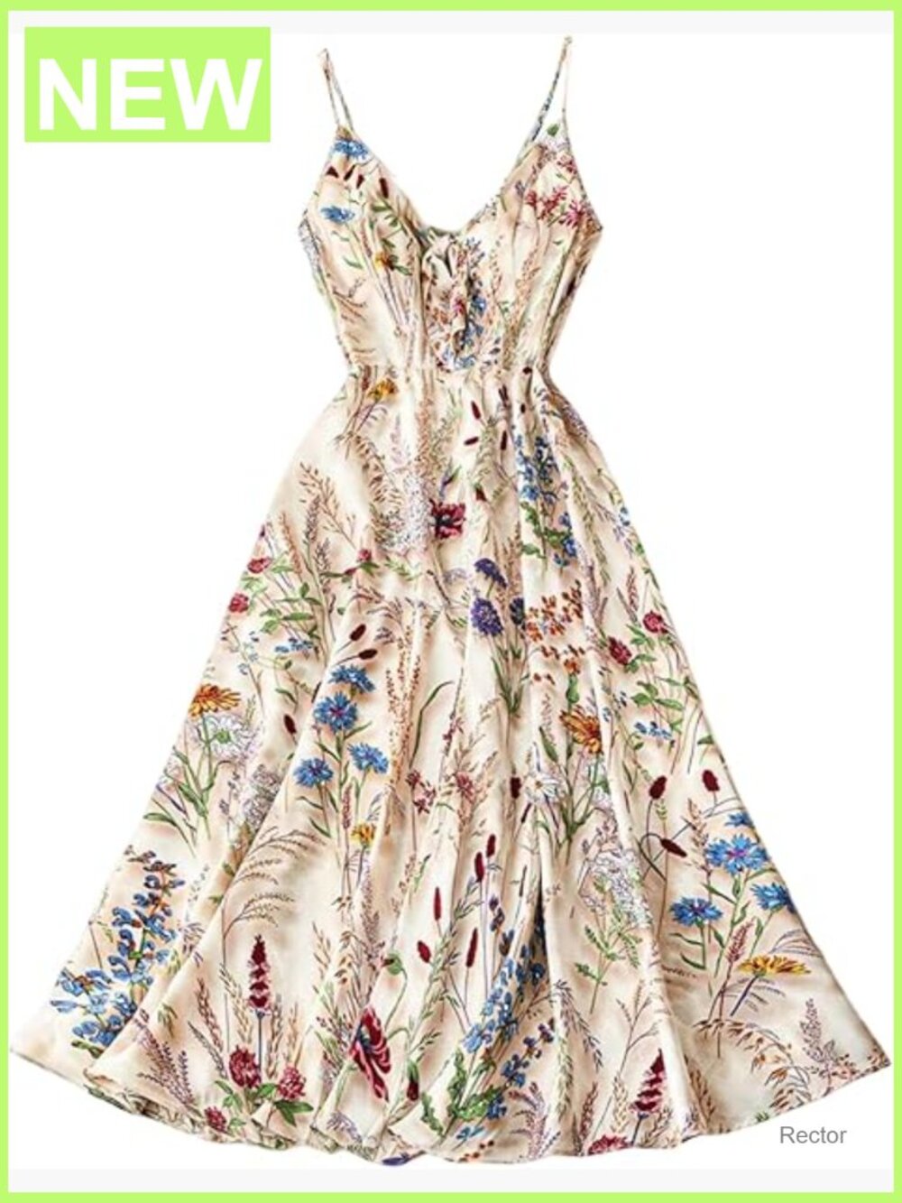Boho Floral V-Neck Midi Dress Spaghetti Strap A-Line Flowy Vacation Sundress